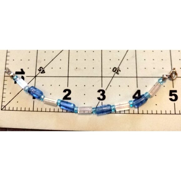 Blue Clear Beaded Child Bracelet 5 Inch Handmade - Picture 3 of 3